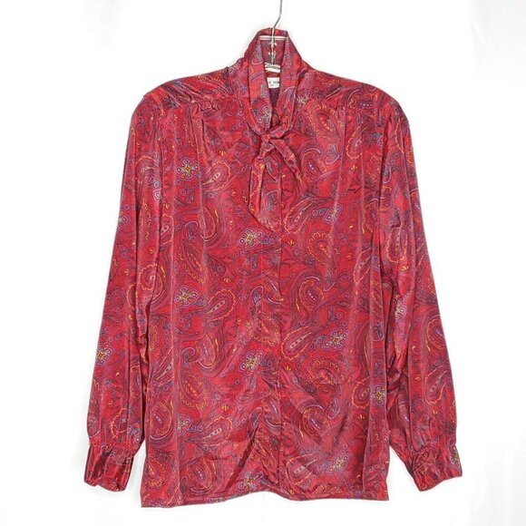 Vintage Alfred Dunner Paisley Secretary Blouse 12 L Red Kitten Bow Tie Foral - Picture 1 of 7